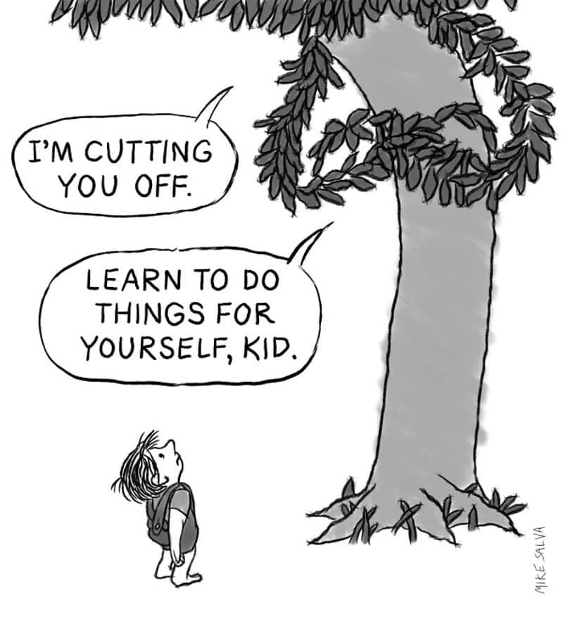 Cutting off a child's hair with a tree and a small child looking up at it.