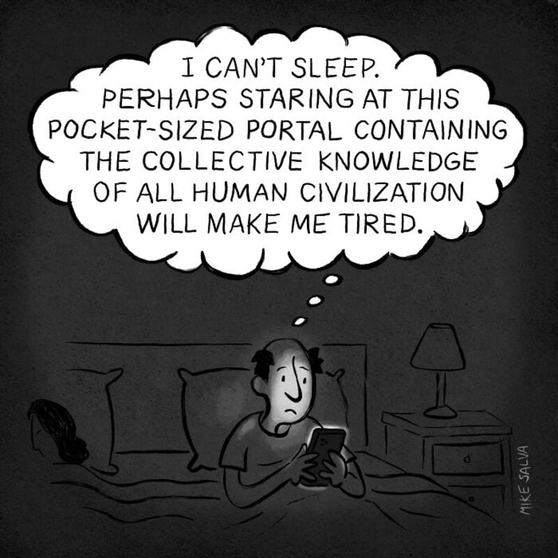 "Man in bed looking at phone with thought bubble about collective human knowledge".