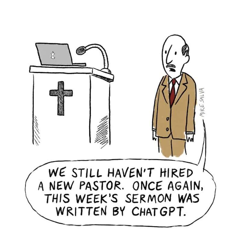 "Man in suit at church pulpit with speech bubble about sermon written by ChatGPT".