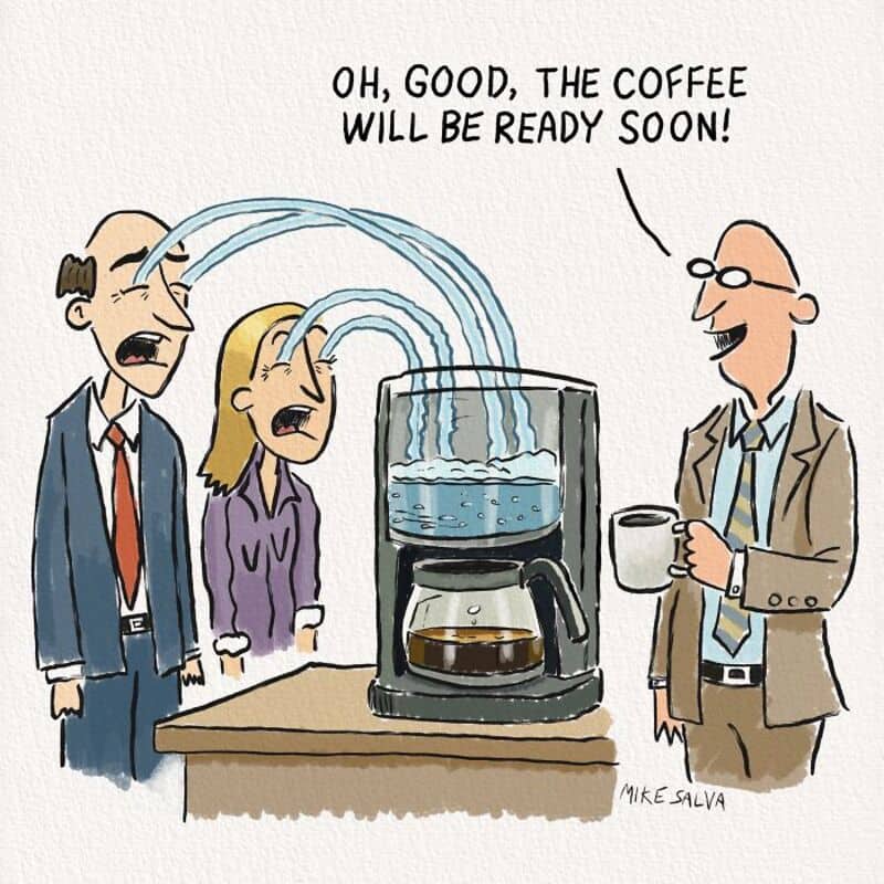 Funny cartoon of people drinking coffee from a coffee machine with a man saying "Oh, good, the coffe.