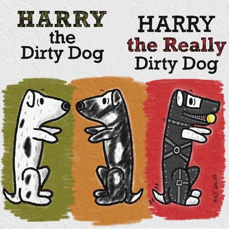 Harry the Dirty Dog book cover with three illustrated dogs in different styles.