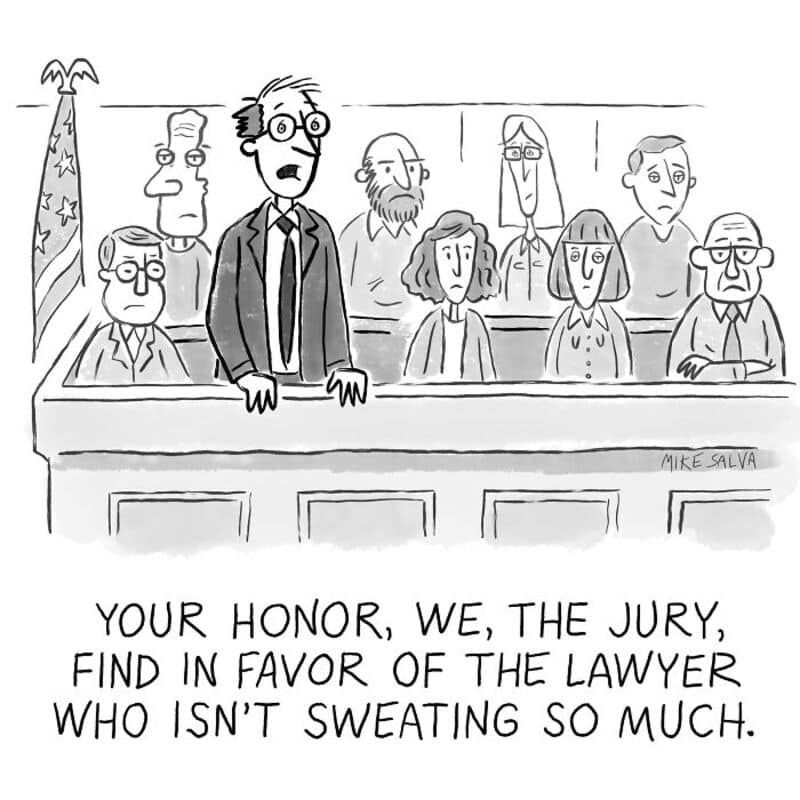 An attorney in court with a jury, saying, "Your honor, we, the jury, find in favor of the lawyer who.