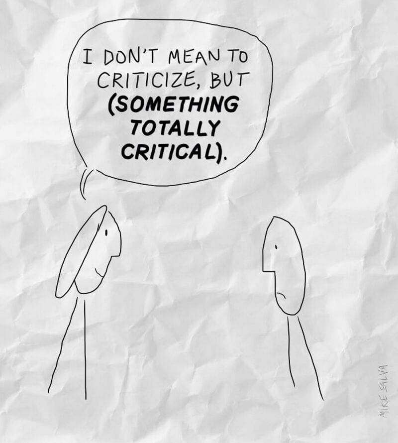 "Criticizing but with a note about something totally critical" in a speech bubble.