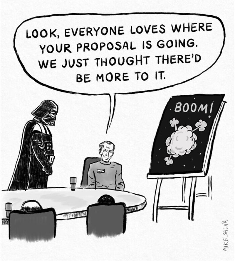 Darth Vader and a man in a meeting with a proposal board showing a bomb explosion.