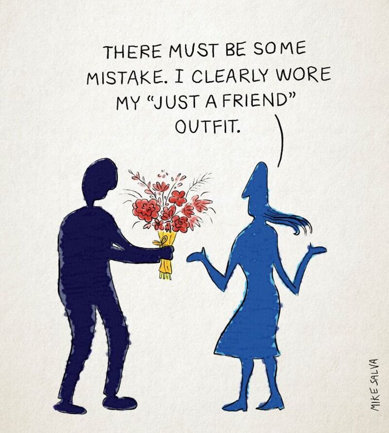 A woman in a blue dress and a man in a dark outfit exchanging a bouquet of flowers, with the woman s.