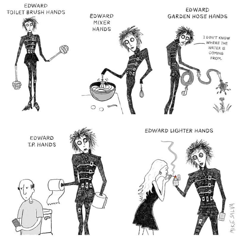 Comic strip of Edward with various cleaning tools and a woman.