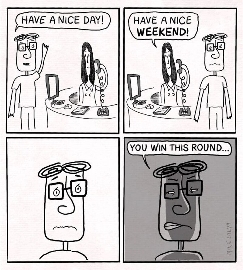 Having a nice day and weekend greeting in a comic strip style.