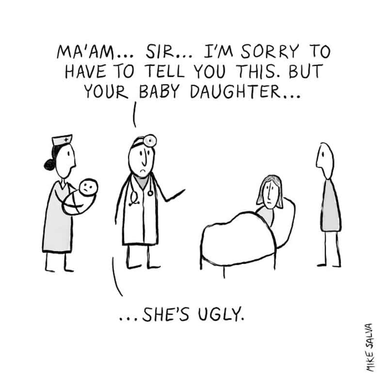 A woman in a hospital bed with a nurse holding a baby and a doctor speaking to a man, with a humorou.