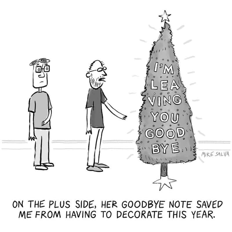 Funny cartoon of two men and a Christmas tree with a message, holiday humor.
