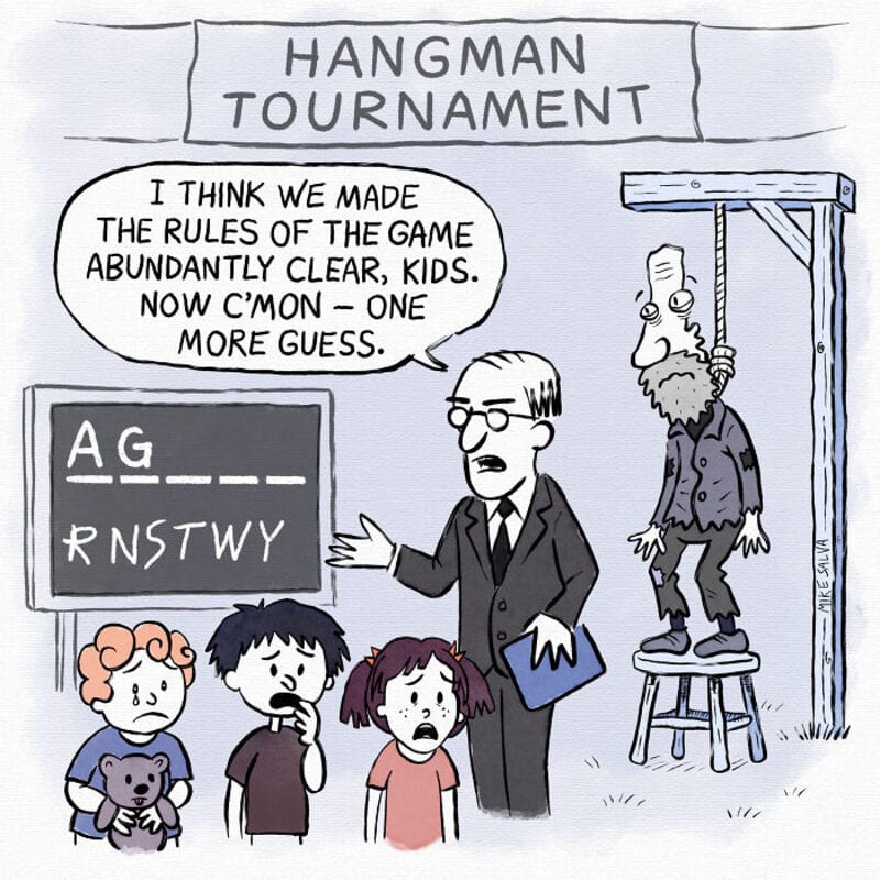 Hangman game at tournament with kids and a man, a hanging man, and a teacher.