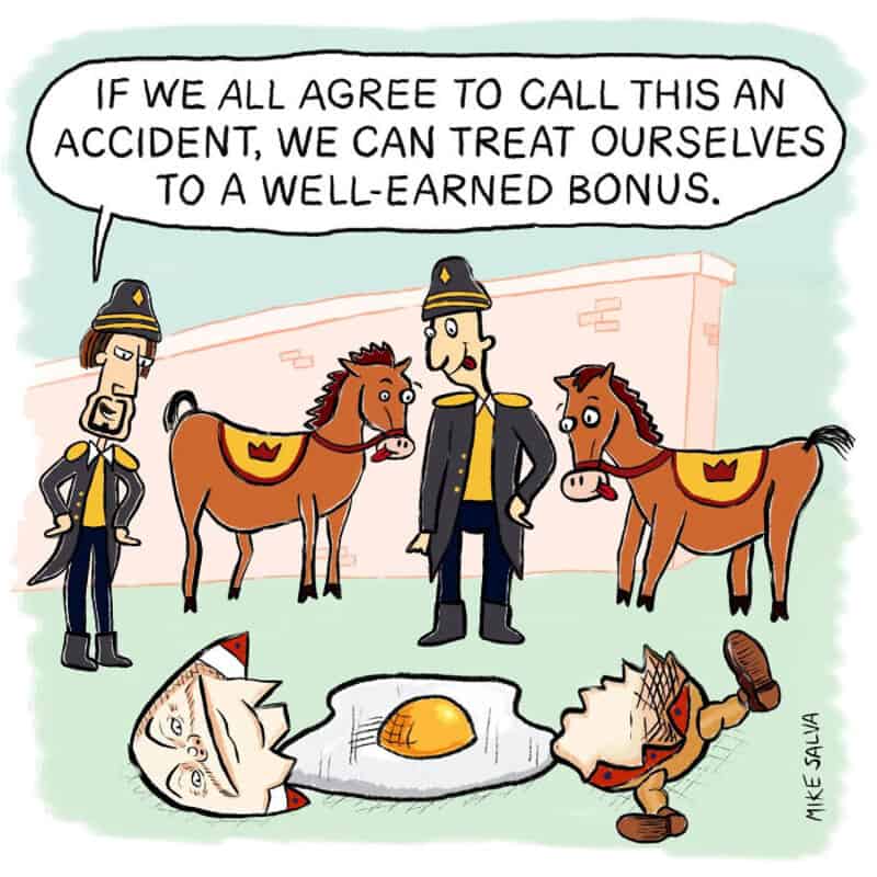 Humorous cartoon of police officers and horses discussing accidents and bonuses.