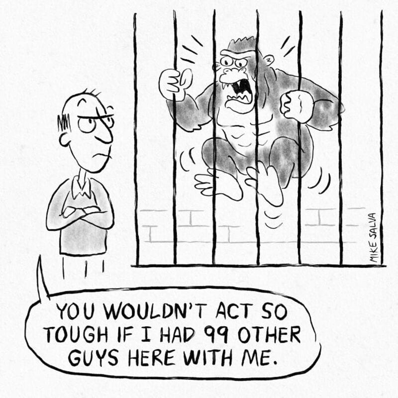 Cartoon of a man in jail looking at a fierce gorilla behind bars.