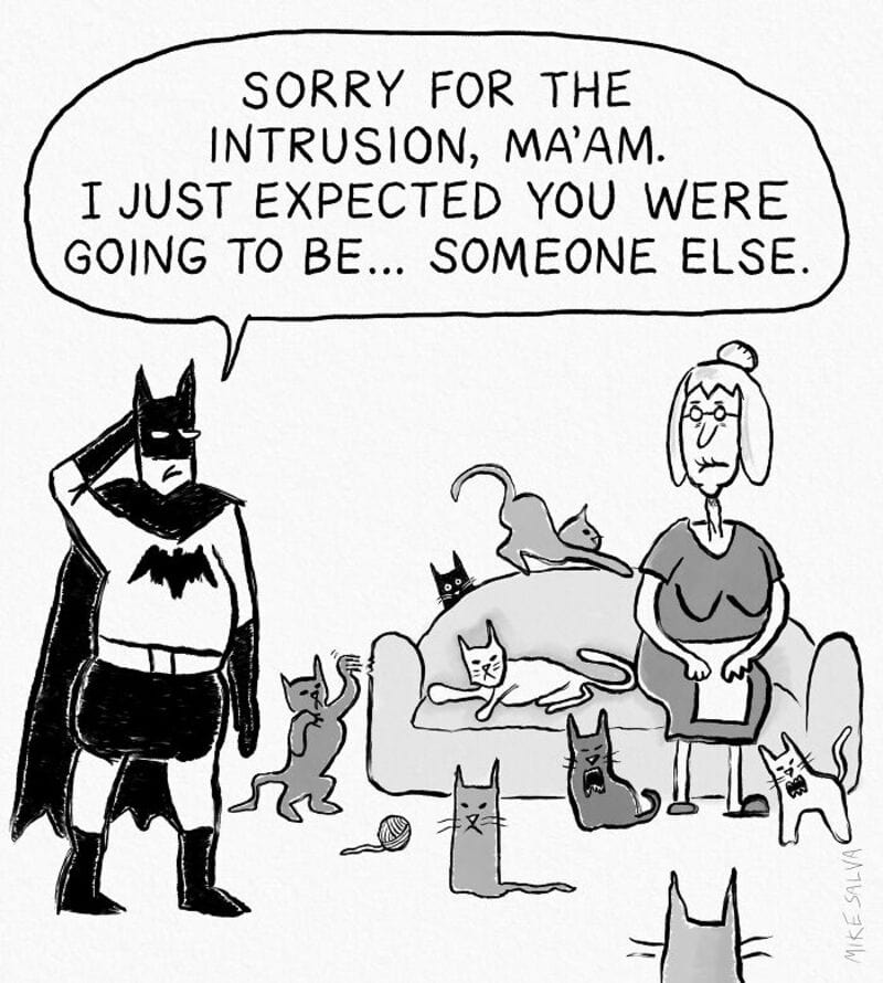 Batman apologizes to a woman for intrusion, expecting someone else, surrounded by cats.