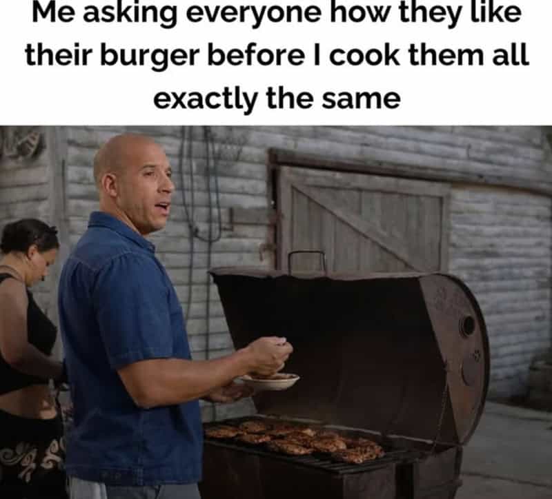 Grilling burgers outdoors with a man holding a plate, caption about asking how others like their bur.
