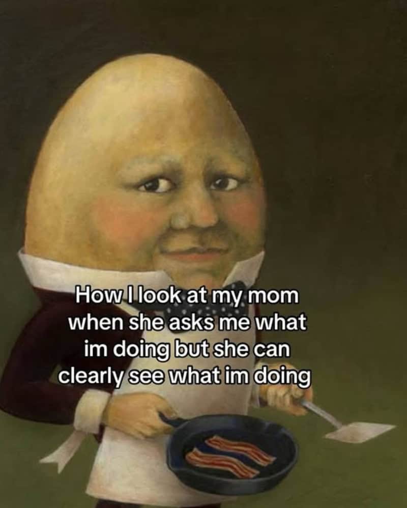 Humorous illustration of a child with a potato head and a mom's face, holding a spatula and pan.