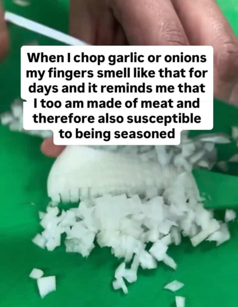 Chopping onions or garlic makes my fingers smell for days, reminding me I am made of meat and suscep.