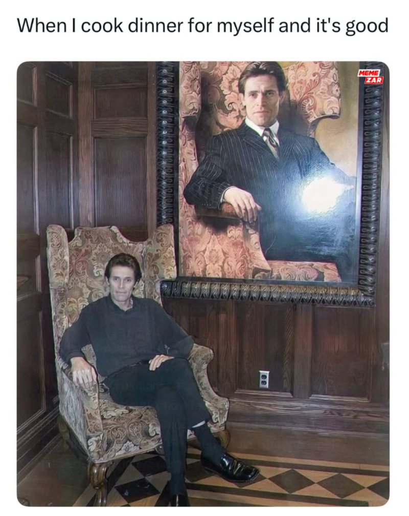 Man sitting in a vintage armchair with a large portrait behind him, humorous caption about cooking d.