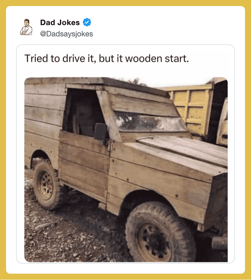 Wooden toy car with a humorous caption about trying to drive it.