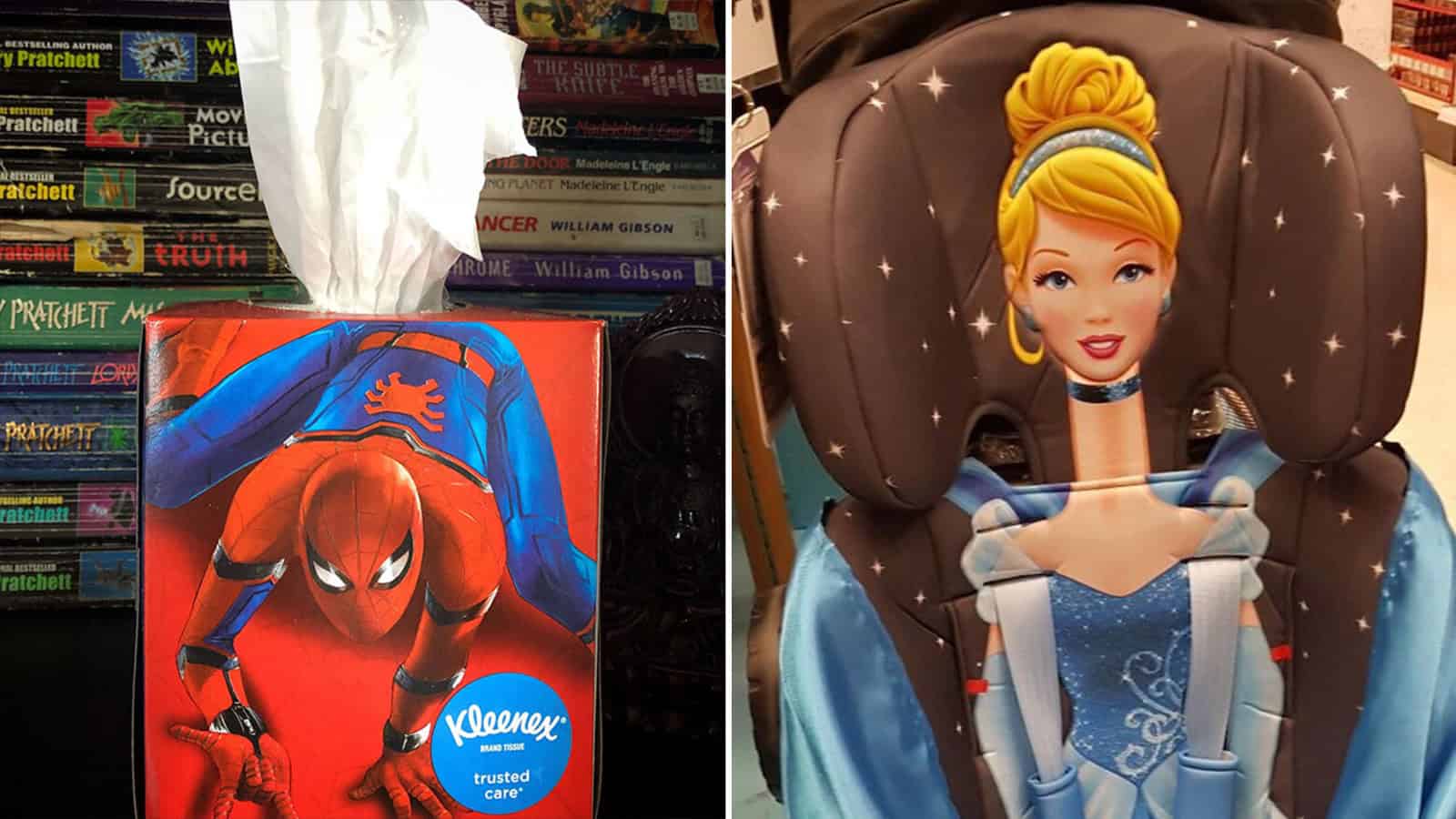 Spider-Man and Disney princess balloon characters in a store.