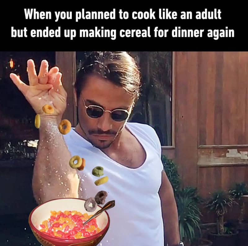 Man with sunglasses making cereal for dinner, with cereal falling into a bowl.