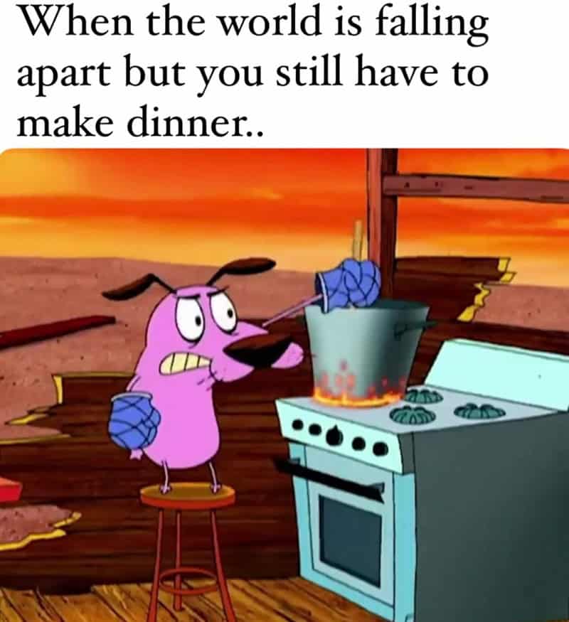 Pink character with blue gloves cooking dinner, with a damaged background.