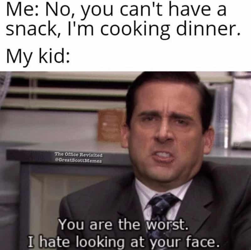 Funny meme with a scene from The Office and text about cooking dinner and a kid.