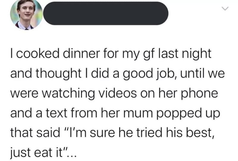 Text about cooking dinner, watching videos, and a funny message from her mum.