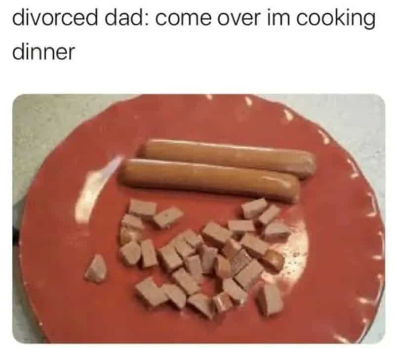 Two hot dogs and chopped sausage on a red plate with the caption about dinner.
