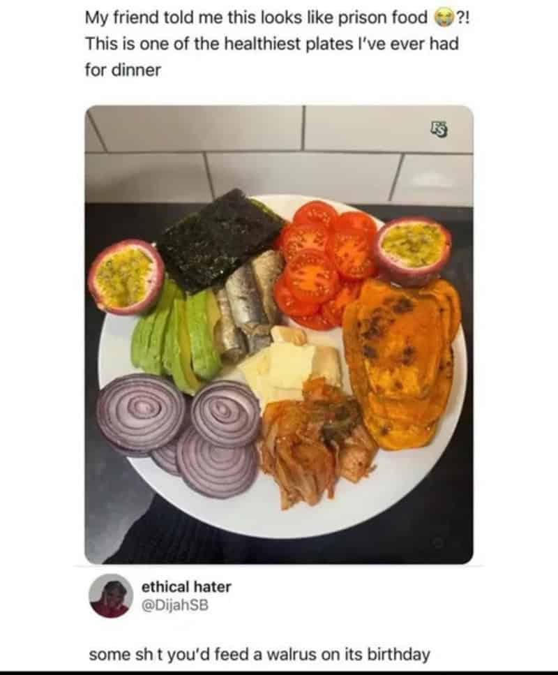 Healthy plate with vegetables, fruits, and a slice of pie, labeled as 'prison food'.