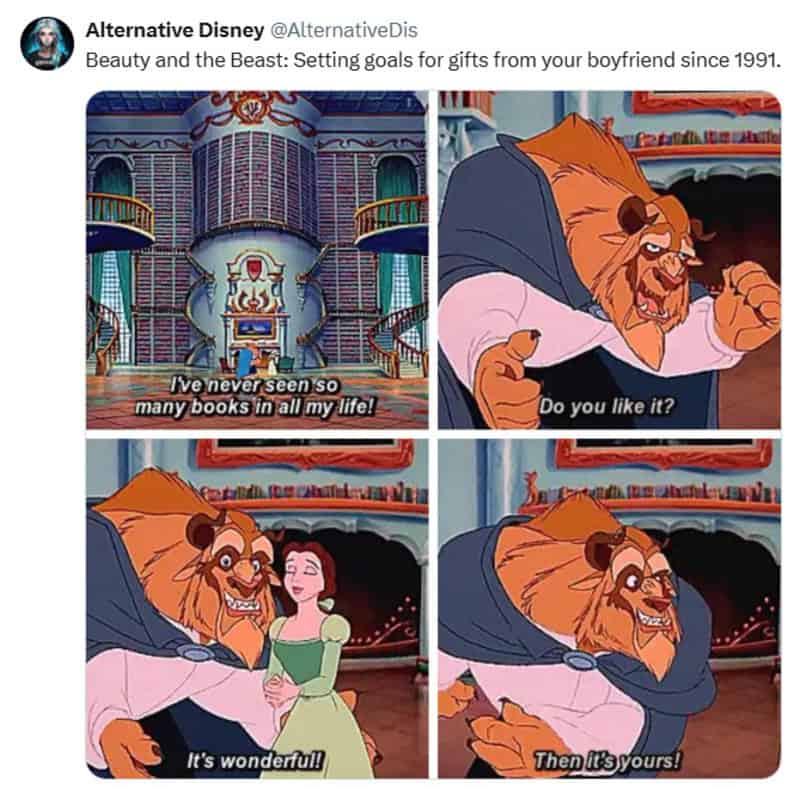 Beauty and the Beast meme with Beast and Belle in the castle.