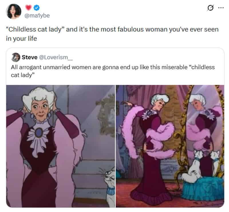 Childless cat lady Disney meme with two images of an older woman with white hair and purple dress.
