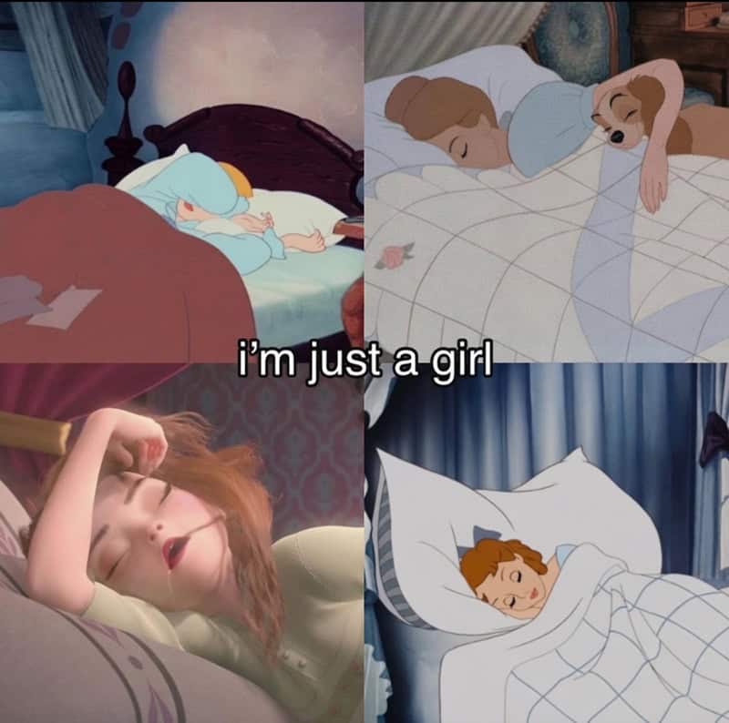 Four Disney princesses sleeping with the text 'I'm just a girl'.