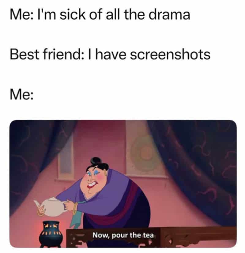 Disney meme with a character pouring tea, caption about drama and screenshots.