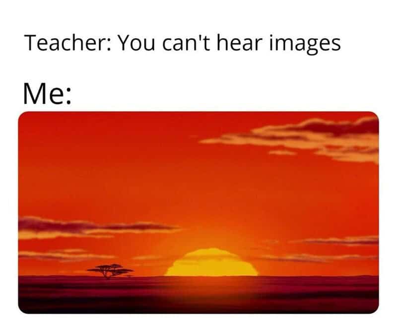 Sunset with a tree and clouds, humorous meme about hearing images.