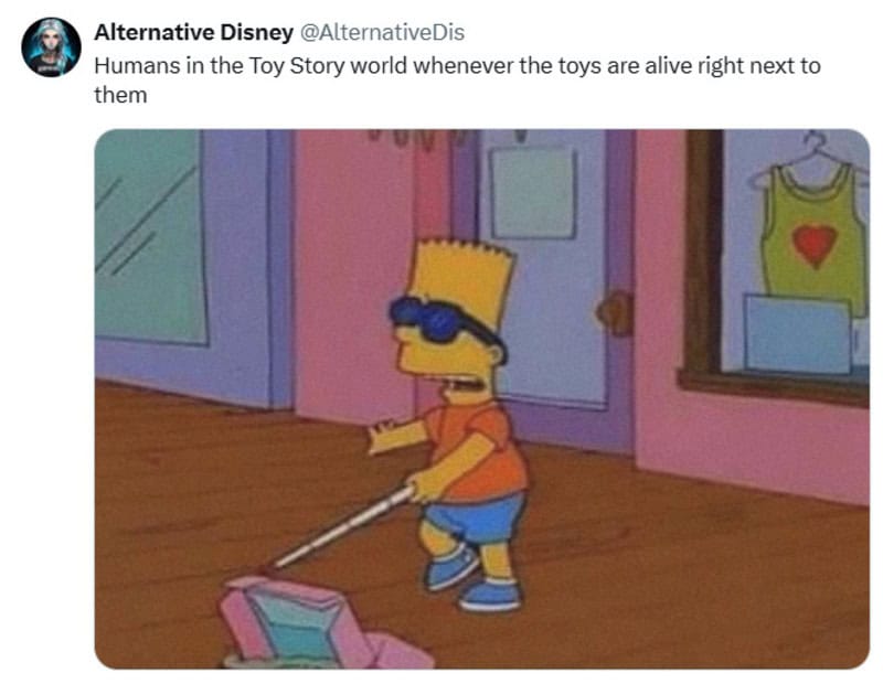Bart Simpson with sunglasses and a mop, in a Toy Story-themed room.