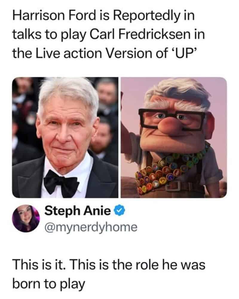 Harrison Ford and Carl Fredricksen from Up side by side.