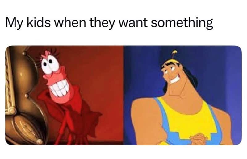 My kids when they want something, split image of a cartoon crab and a muscular man.