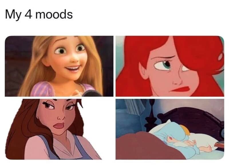My 4 moods with images of Rapunzel, Ariel, Belle, and Elsa.