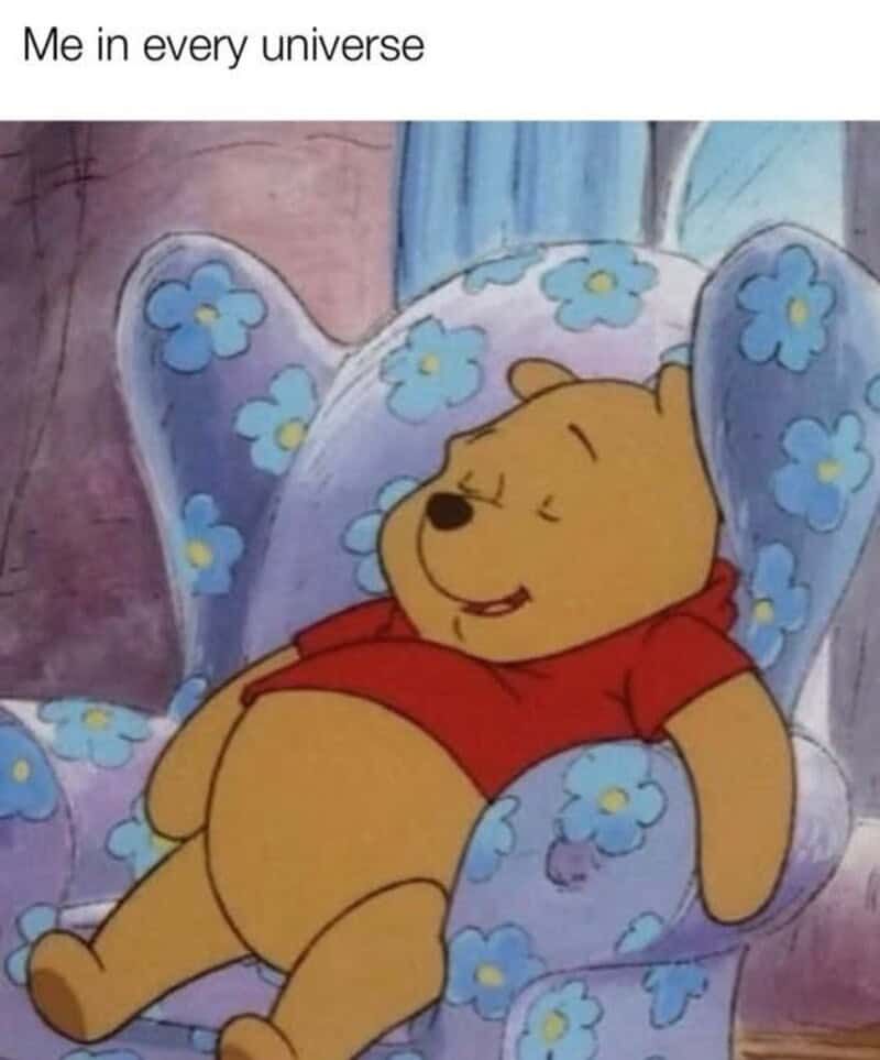 Winnie the Pooh relaxing in a floral armchair with the caption 'Me in every universe'.