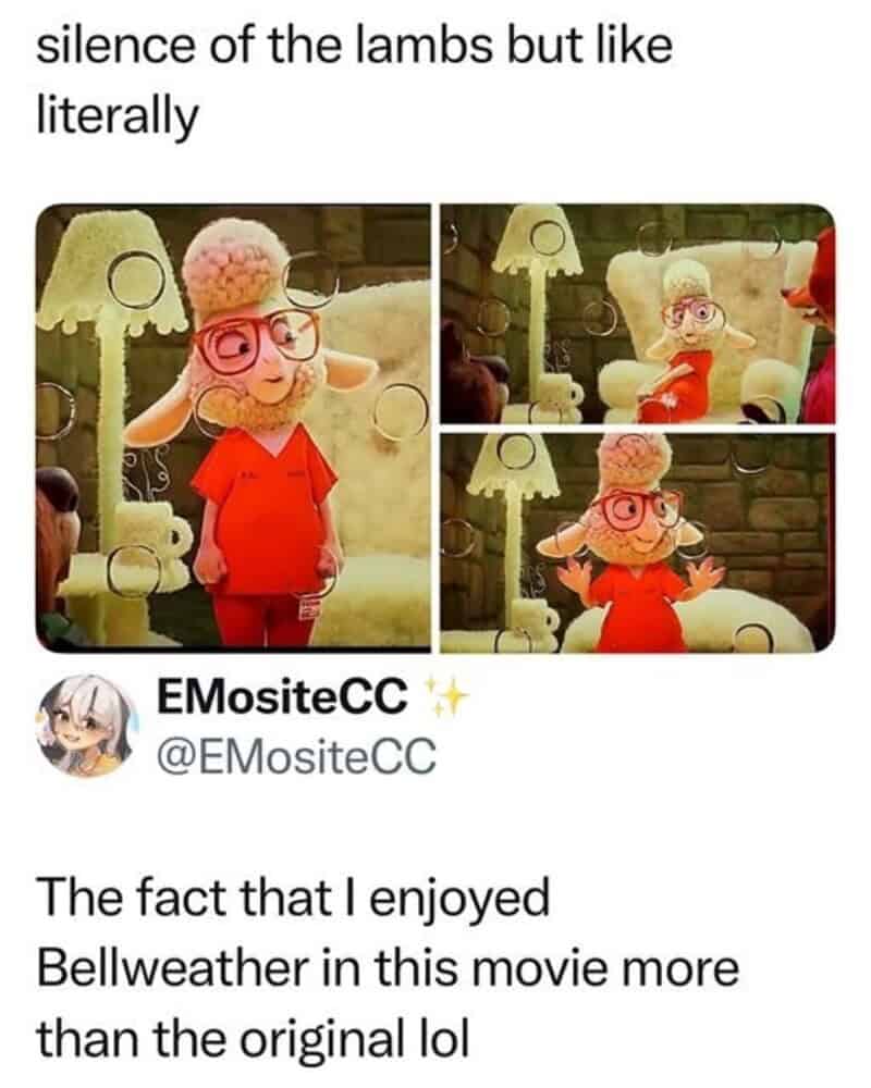 Four images of a sheep character from a movie, with glasses and red outfit, in a living room.
