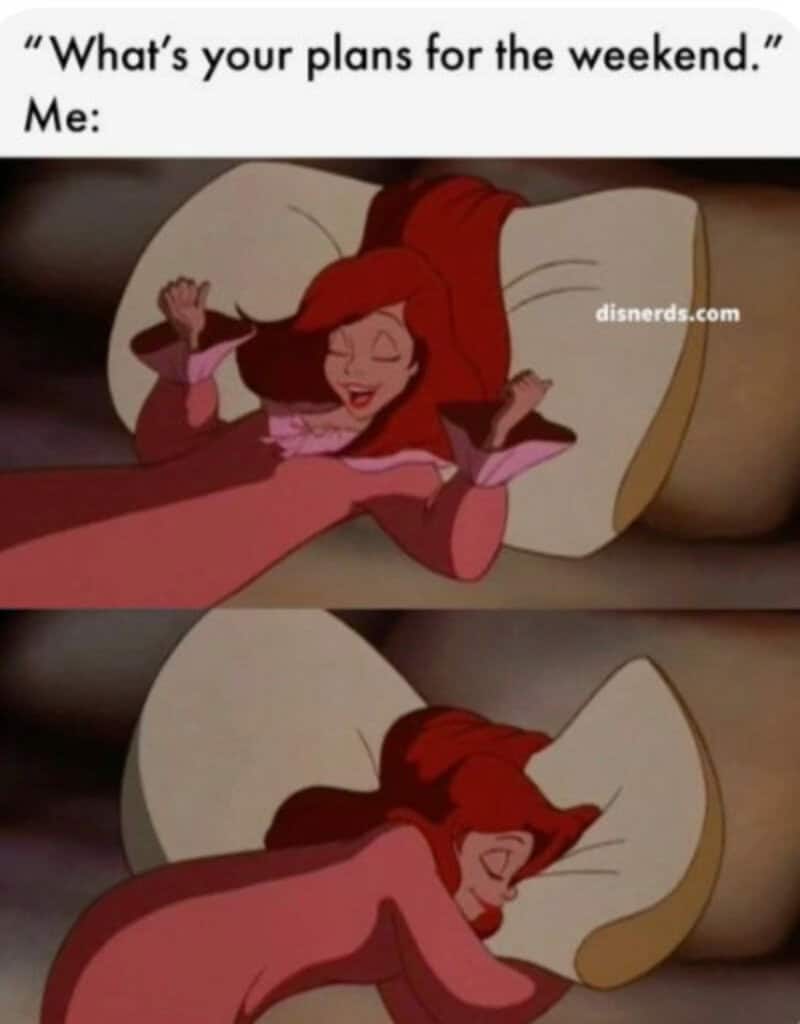Disney meme with Ariel sleeping and smiling in bed.