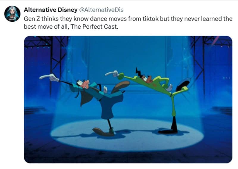 Disney characters dancing on stage with humorous caption about TikTok dance moves.