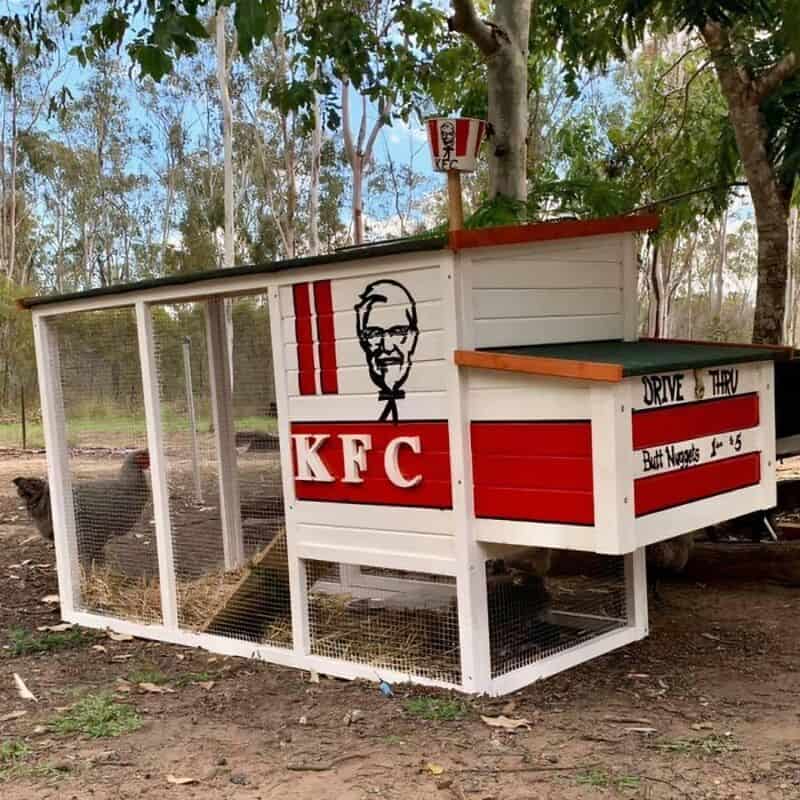 KFC chicken coop with a drive-thru sign and chicken inside, surrounded by trees.