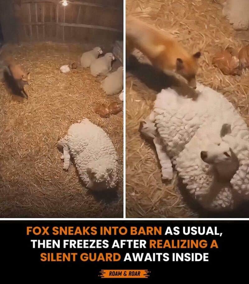 Fox sneaks into barn, then freezes after realizing silent guard inside.