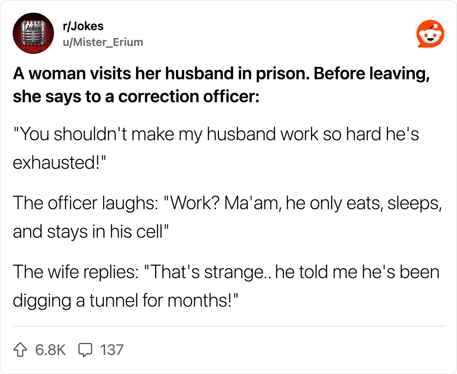 A woman visits her husband in prison, jokes about his exhaustion, and the officer's response about h.