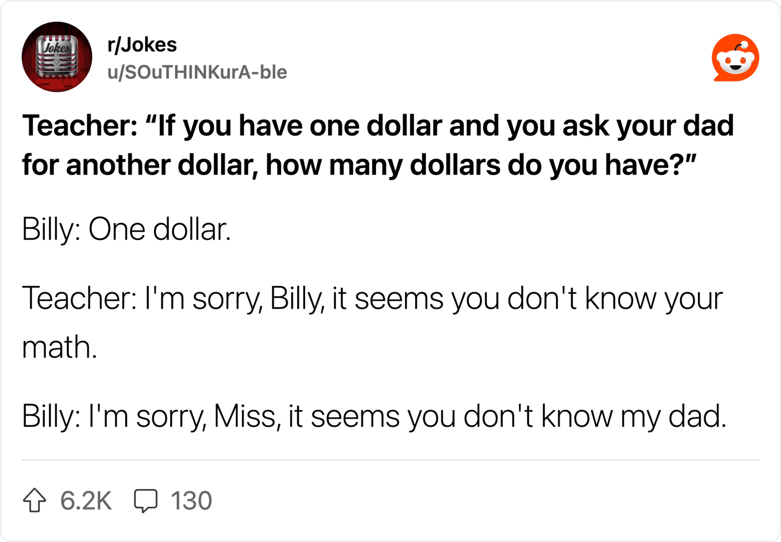 A humorous joke about a child's misunderstanding of math and family.
