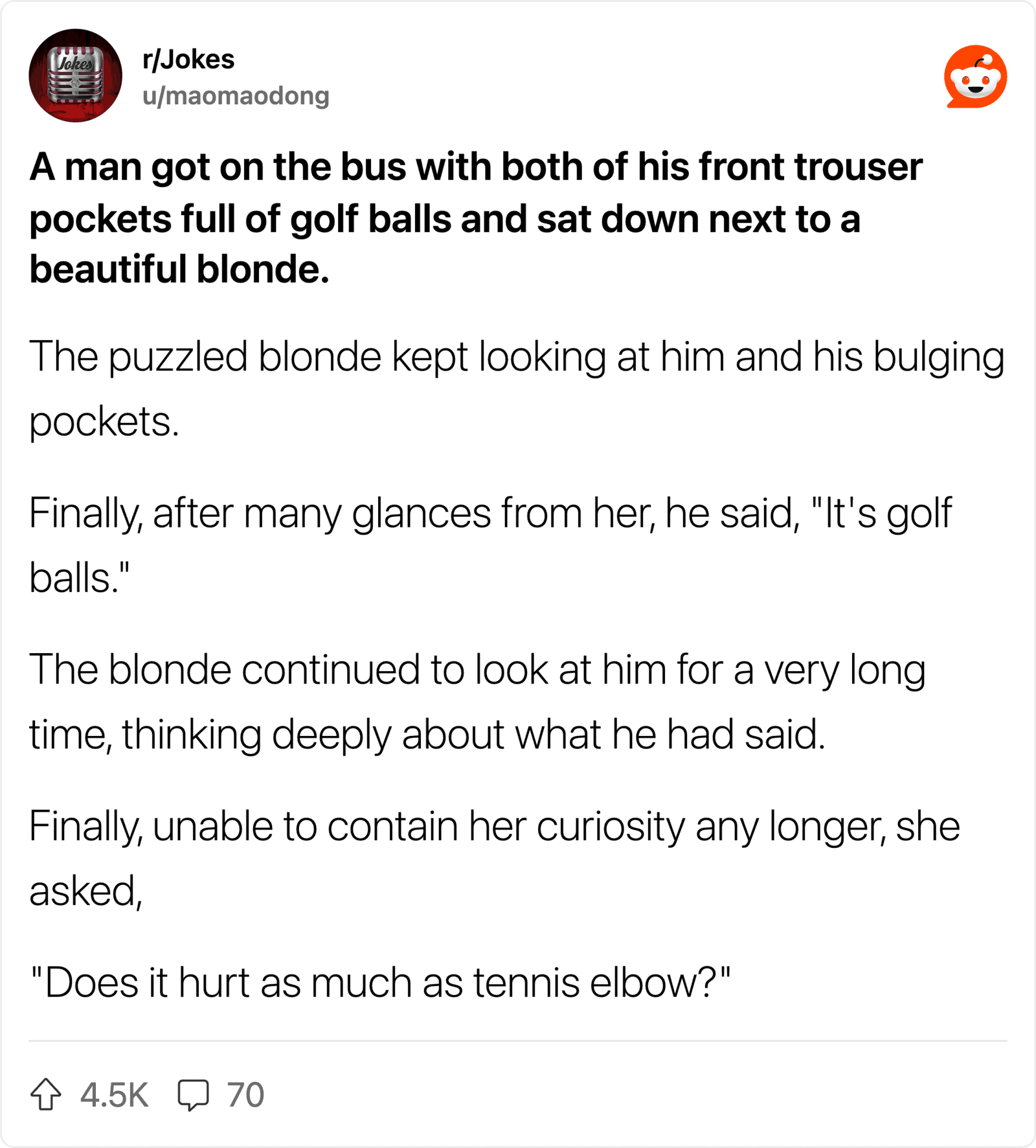 A man on bus with front trouser pockets full of golf balls, sitting next to a blonde woman.