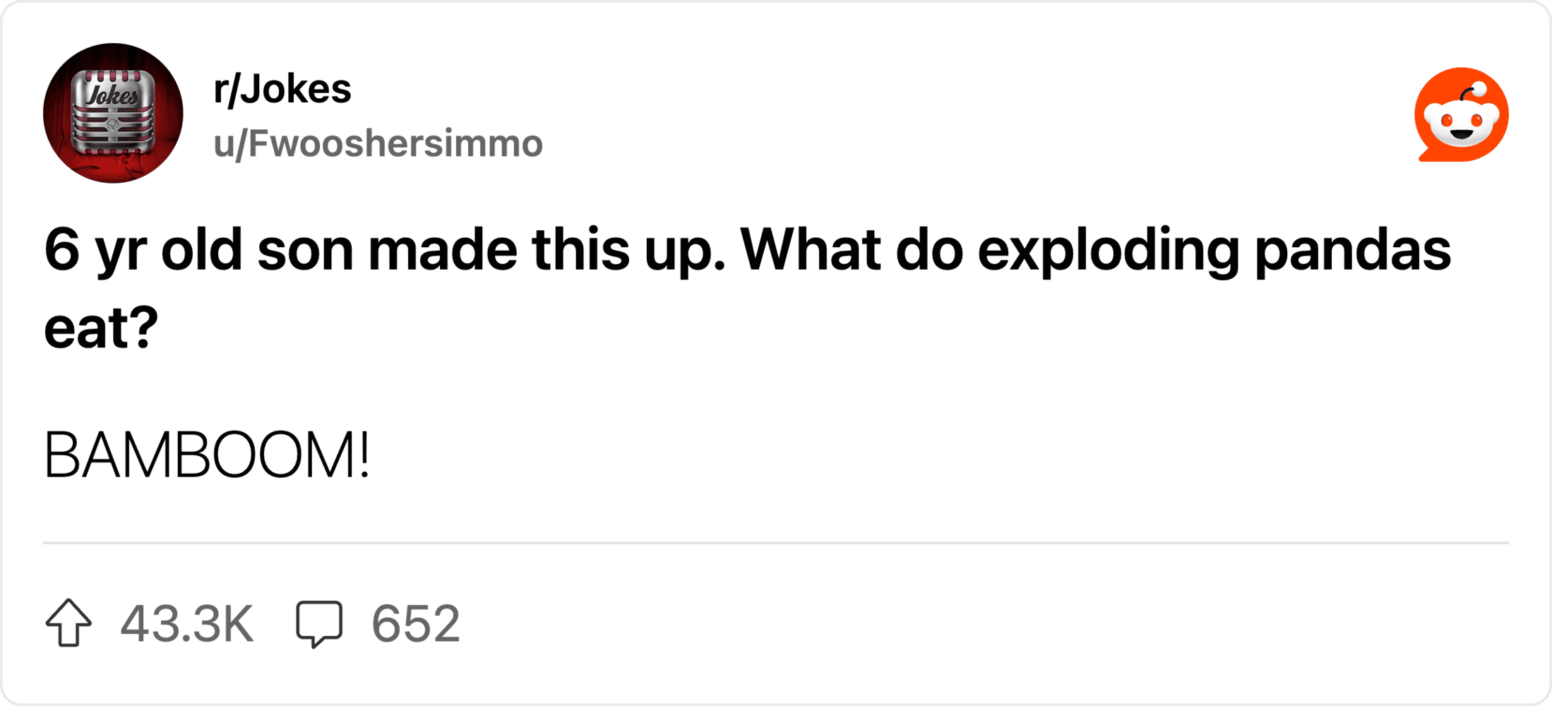 Exploding pandas eating bamboo, humorous 6-year-old joke about pandas.
