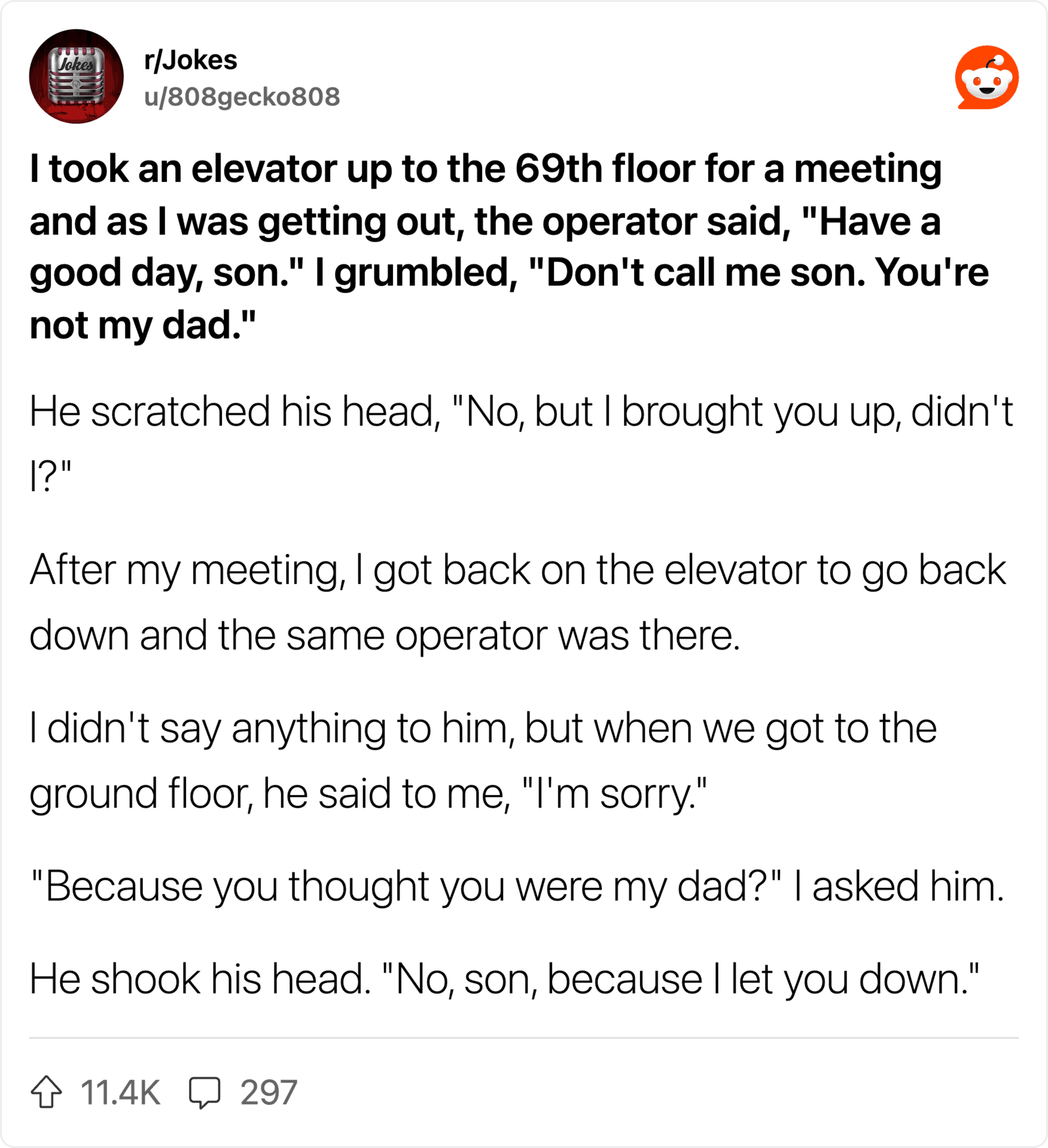 Joke about elevator, meeting, and mistaken paternity with a humorous twist.