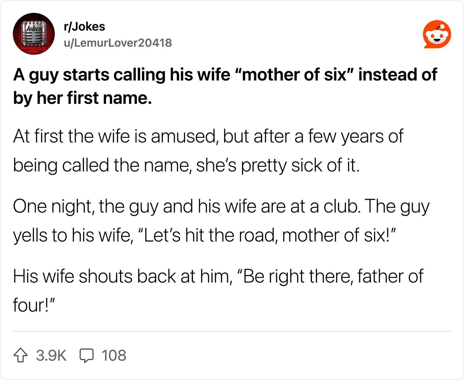 Joke about a man calling his wife "mother of six" at a club.